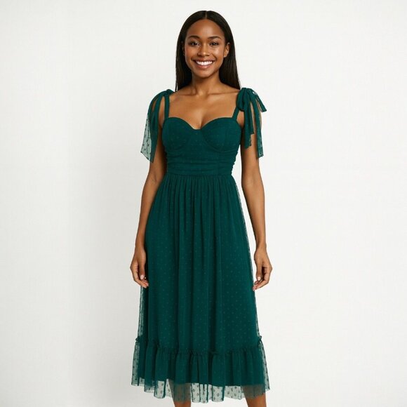 Green Swiss Dot Tie Strap Midi Dress Romantic Coquette Cottagecore Fairycore L - Picture 5 of 11